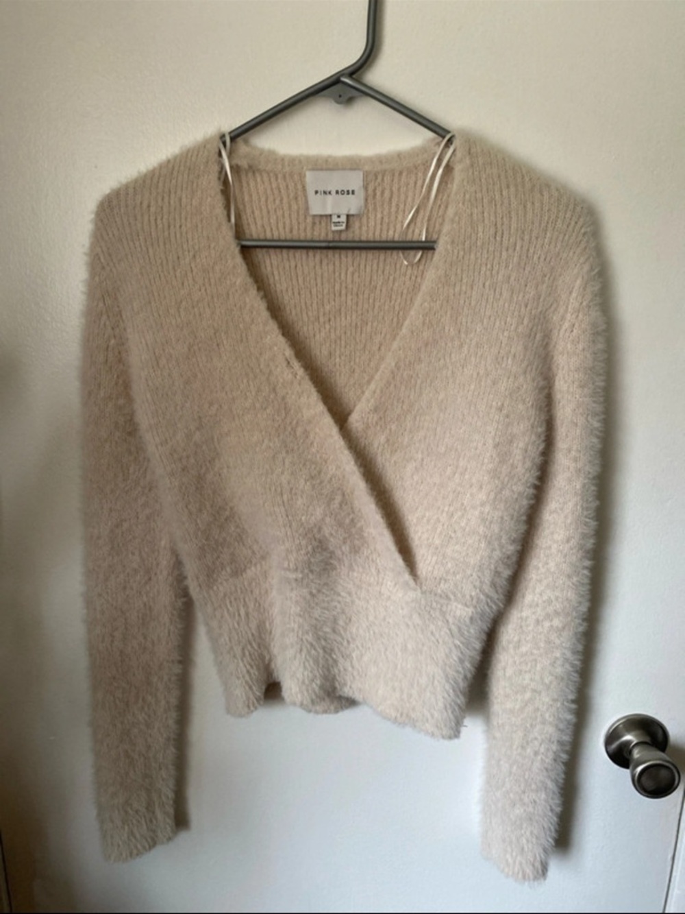 Pink Rose Cream Fuzzy V-Neck Wrap Sweater